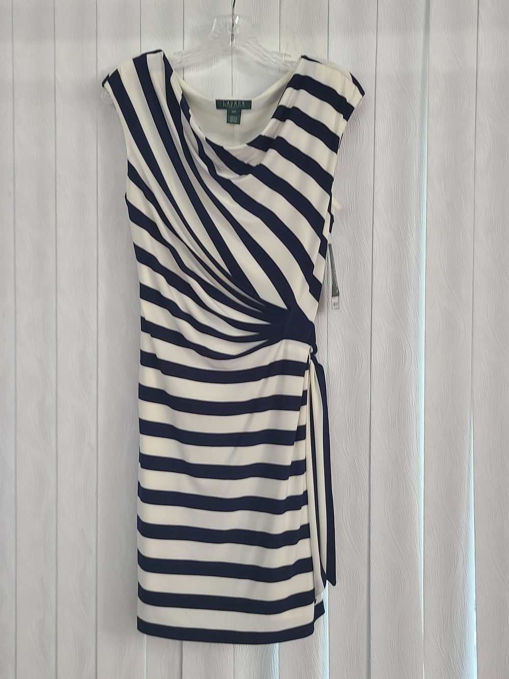 Lauren Ralph Lauren 14P Navy Ivory Stripe Shoulder Pad Drape Neck Office Dress